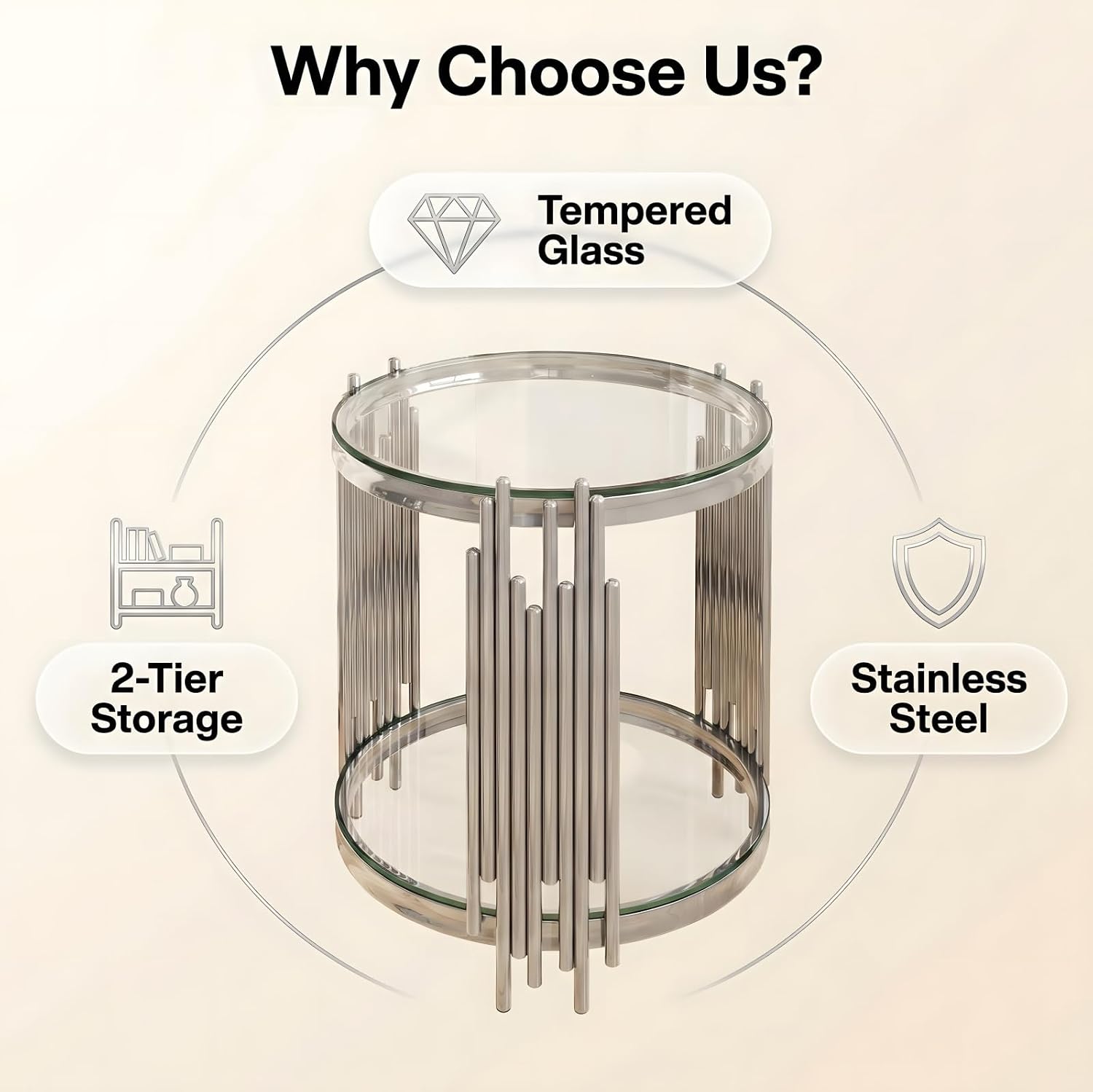 19.7" Luxury Round Silver End Table with 2-Tier Clear Tempered Glass Shelves, Modern Sofa Bedside Table for Living Room Bedroom Home Office, Polished Stainless Steel Frame