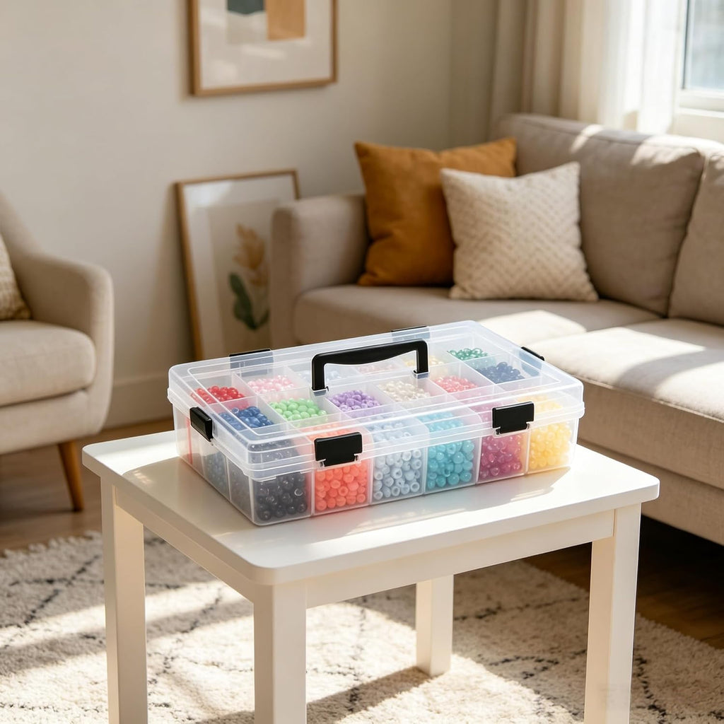 59 Grids Bead Organizer Box - Large Double Layer with Locking Lids, Clear Craft Storage Container (14.2"x10.2"x3.5") for Jewelry Beads, DIY, Fishing Tackle, Small Parts Organization