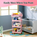 SUNALLY 4 Tier Rolling Cart with Drawer, Craft Storage Cart Organizer, Pink | Bathroom Storage Organizer with 2 Lockable Wheels, Rolling Utility Cart for Kitchen, Office, Baby, Makeup, Nail,Snack,Laundry