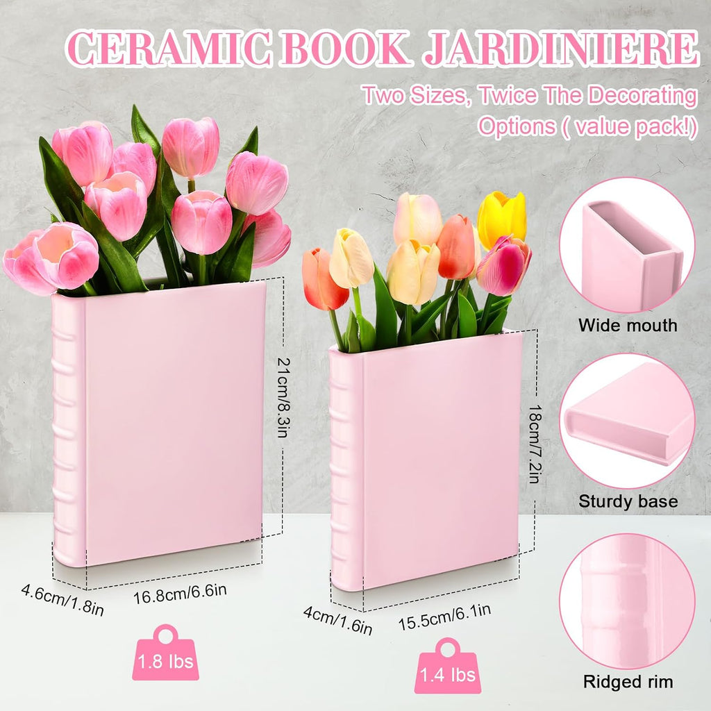 Vesici 2 Pcs Ceramic Book Shape Vase for Flowers Gifts for Christmas Cute Bookshelf Decor Vase for Book Lovers Gifts Unique Vases Home Decor for Bookshelf Dining Table Office Home(Pink)