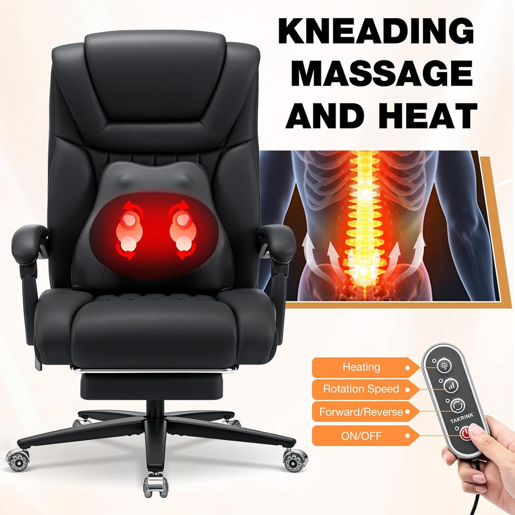 HOFFREE 500lbs Kneading Massage Office Chair with Heat for Heavy People Big and Tall Office Chair with Footrest and Lumbar Support Pillow for Bedroom,Office,Conference Room (Black)