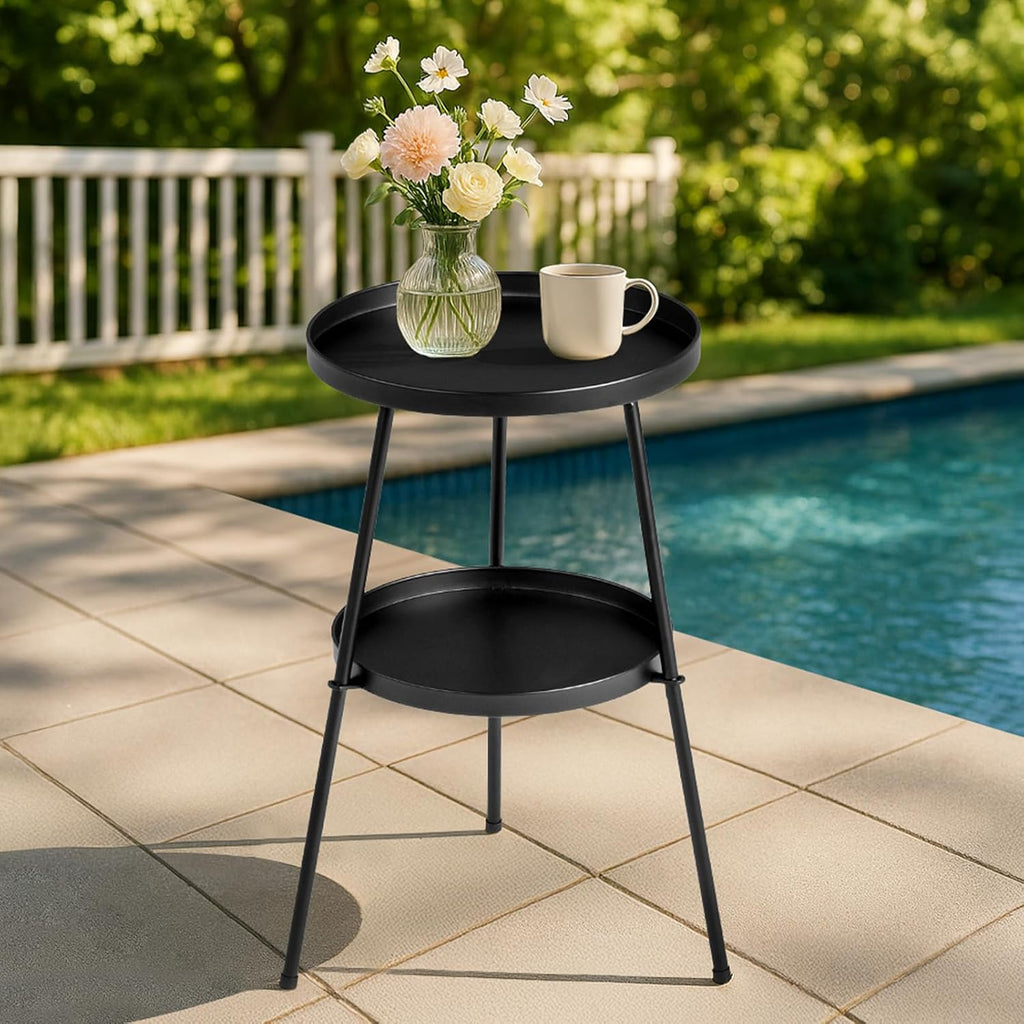 2-Tier Round Metal Coffee Tables Nightstand for Small Spaces,Round End Table,Small Side Table for Indoor Outdoor and Living Room Bedroom or Office, Black