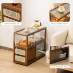 latifolia Bamboo Side Table with Rattan Drawer and Glass Top, Mid-Century Modern Nightstand with Storage, Space-Saving End Table for Bedroom, Living Room, Walnut