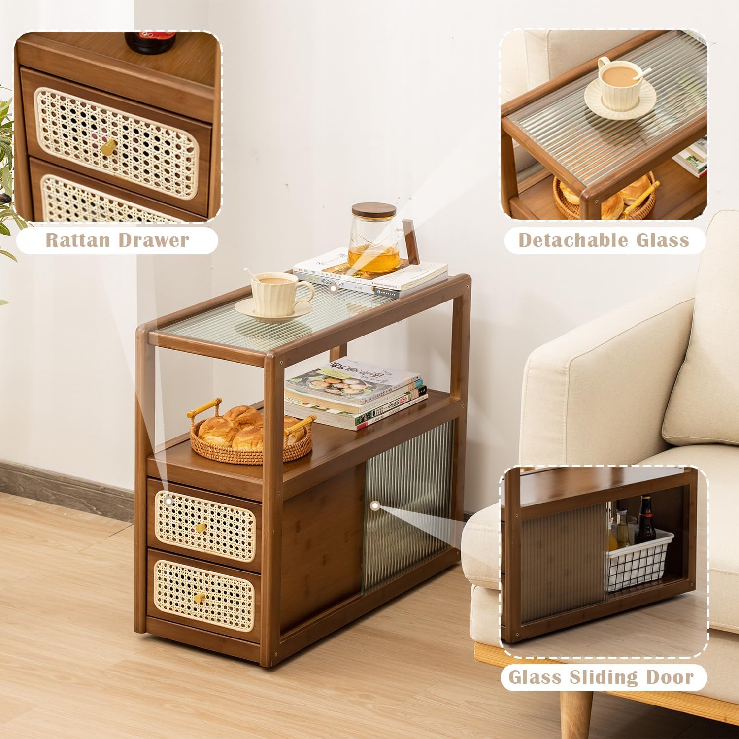 latifolia Bamboo Side Table with Rattan Drawer and Glass Top, Mid-Century Modern Nightstand with Storage, Space-Saving End Table for Bedroom, Living Room, Walnut