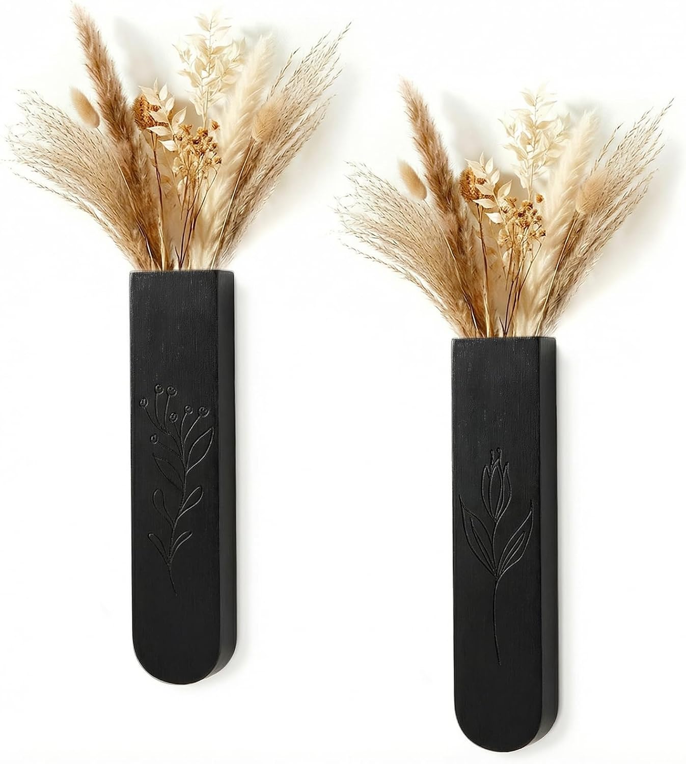 Wood Wall Vase Set of 2, 11.6 x 2.52 x 1.37 inch for Dried Flowers and Faux Greenery Plants for Bathroom,Kitchen,Farmhouse,Dining Room Wall Decor （Black