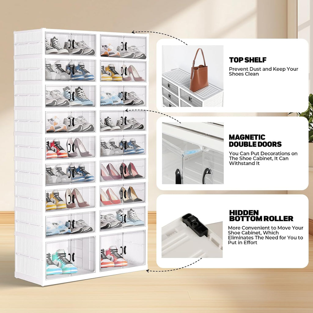 FAHKNS Foldable Shoe Rack, Transparent Shoe Boxes with Magnetic Double Doors, Shoe Organizer Storage for Entryway/Bedroom/Cloakroom, Large Shoe Cabinet with Hidden Bottom Roller 9 Tiers 4 Row (White)