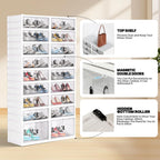 FAHKNS Foldable Shoe Rack, Transparent Shoe Boxes with Magnetic Double Doors, Shoe Organizer Storage for Entryway/Bedroom/Cloakroom, Large Shoe Cabinet with Hidden Bottom Roller 9 Tiers 4 Row (White)