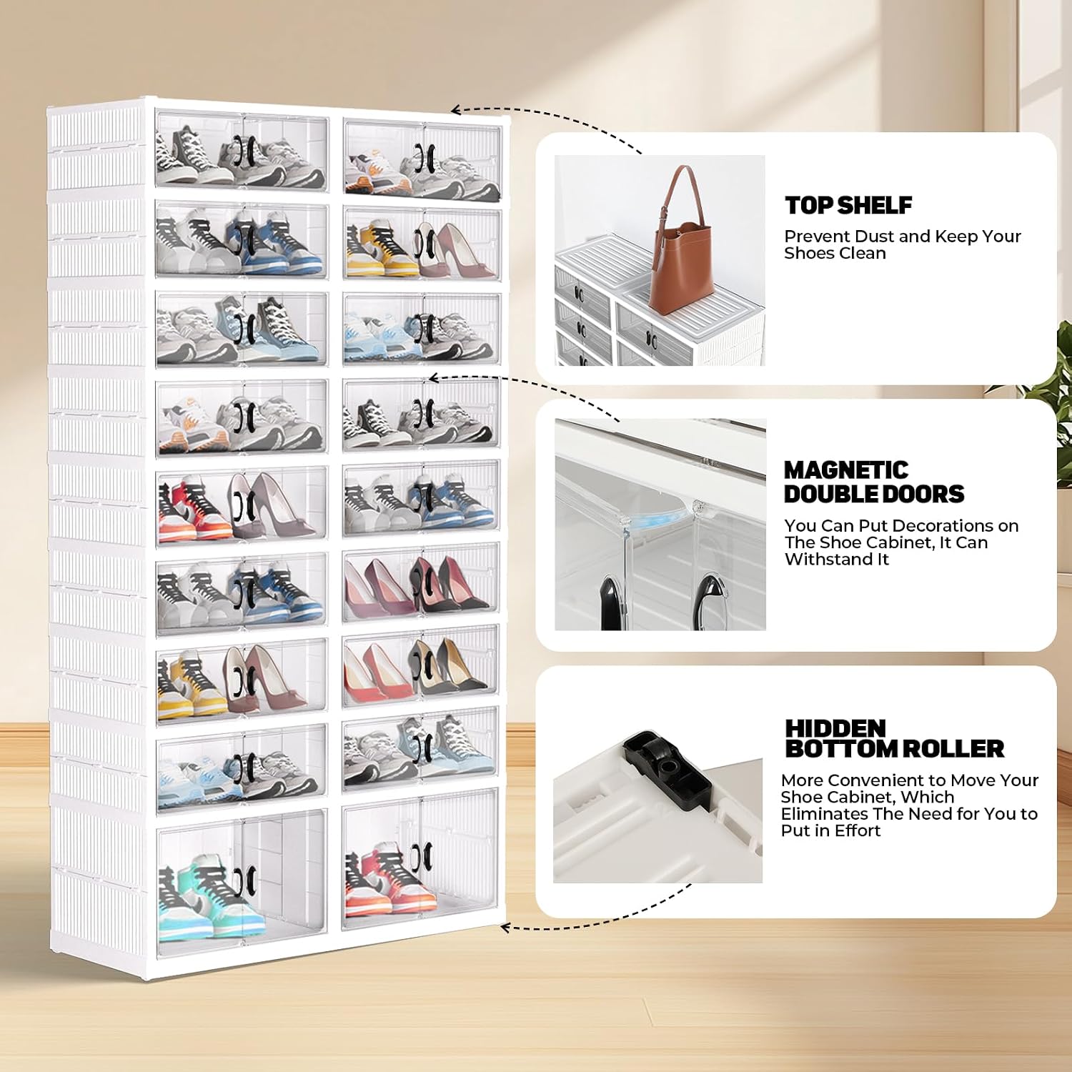 FAHKNS Foldable Shoe Rack, Transparent Shoe Boxes with Magnetic Double Doors, Shoe Organizer Storage for Entryway/Bedroom/Cloakroom, Large Shoe Cabinet with Hidden Bottom Roller 9 Tiers 4 Row (White)