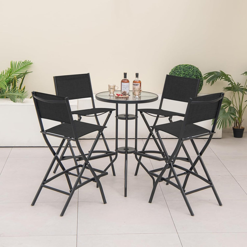 Tangkula Outdoor Barstools Set of 2, Counter Height Folding Bar Chairs with Back and Footrest, Versatile Patio Dining Chairs with Breathable Fabric & Heavy-Duty Metal Frame (2, Black)