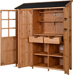 Merax Potting Bench with Waterproof Roof, Patio Garden Shed with 3 Doors Storage Cabinet with Workstation, 7 Storage Shelves, 2 Drawers and 6 Hooks for Backyard, Natural