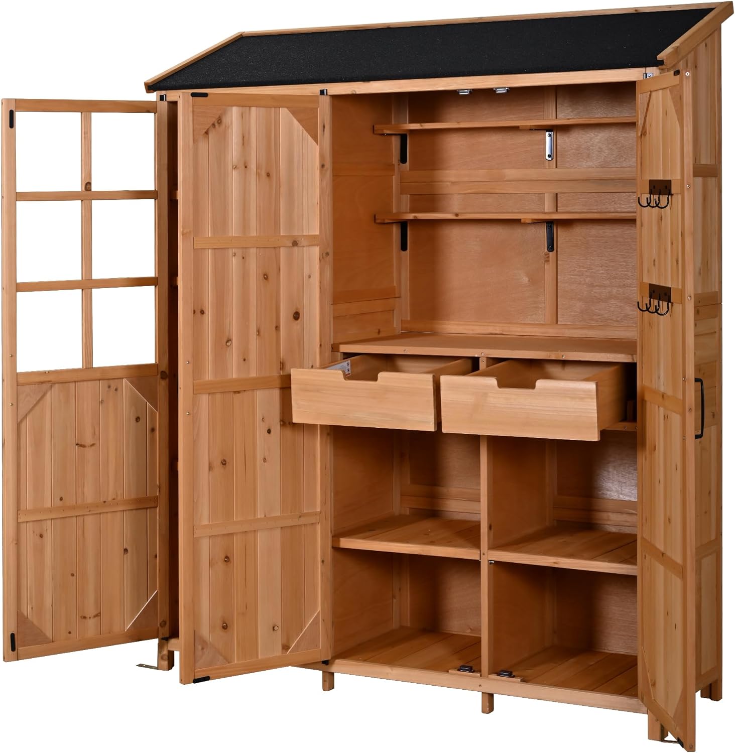 Merax Potting Bench with Waterproof Roof, Patio Garden Shed with 3 Doors Storage Cabinet with Workstation, 7 Storage Shelves, 2 Drawers and 6 Hooks for Backyard, Natural