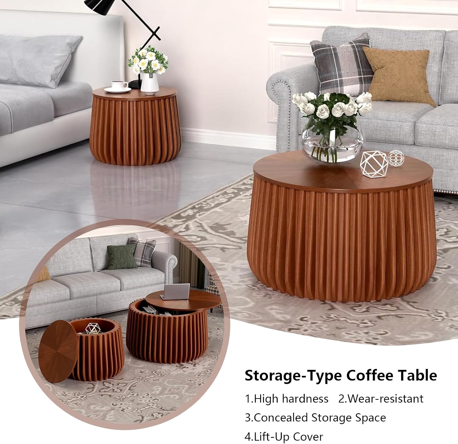 Round Nesting Coffee Tables Set of 2 with Storage Modern Wooden Fluted Nesting End Table Set Stacking Sofa Side Tables for Living Room Apartment, No Need Assembly (BrownD)