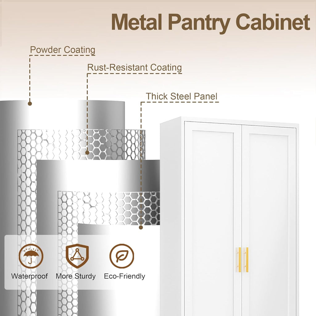 71" Tall White Metal Pantry Cabinet, Freestanding Storage Cupboard with Doors & 4 Adjustable Shelves, for Kitchen, Dining Room & Living Room