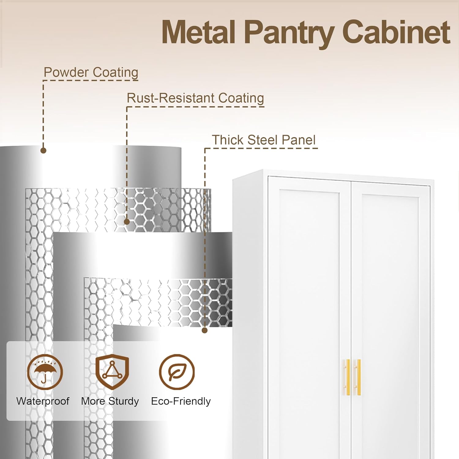 71" Tall White Metal Pantry Cabinet, Freestanding Storage Cupboard with Doors & 4 Adjustable Shelves, for Kitchen, Dining Room & Living Room