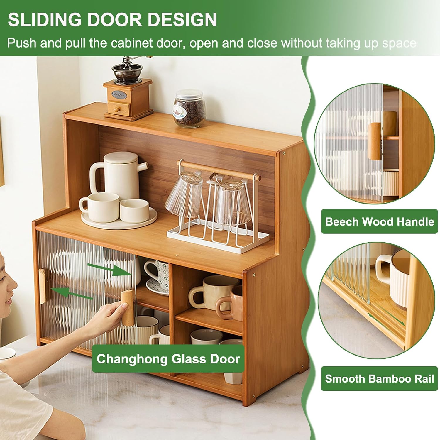 Modern Kitchen Storage Pantry Cabinet with Glass Doors & Adjustable Shelves Coffee Bar Microwave Stand Hutch Buffet Sideboard Living Room Cabinets Bakers Rack 24x26in