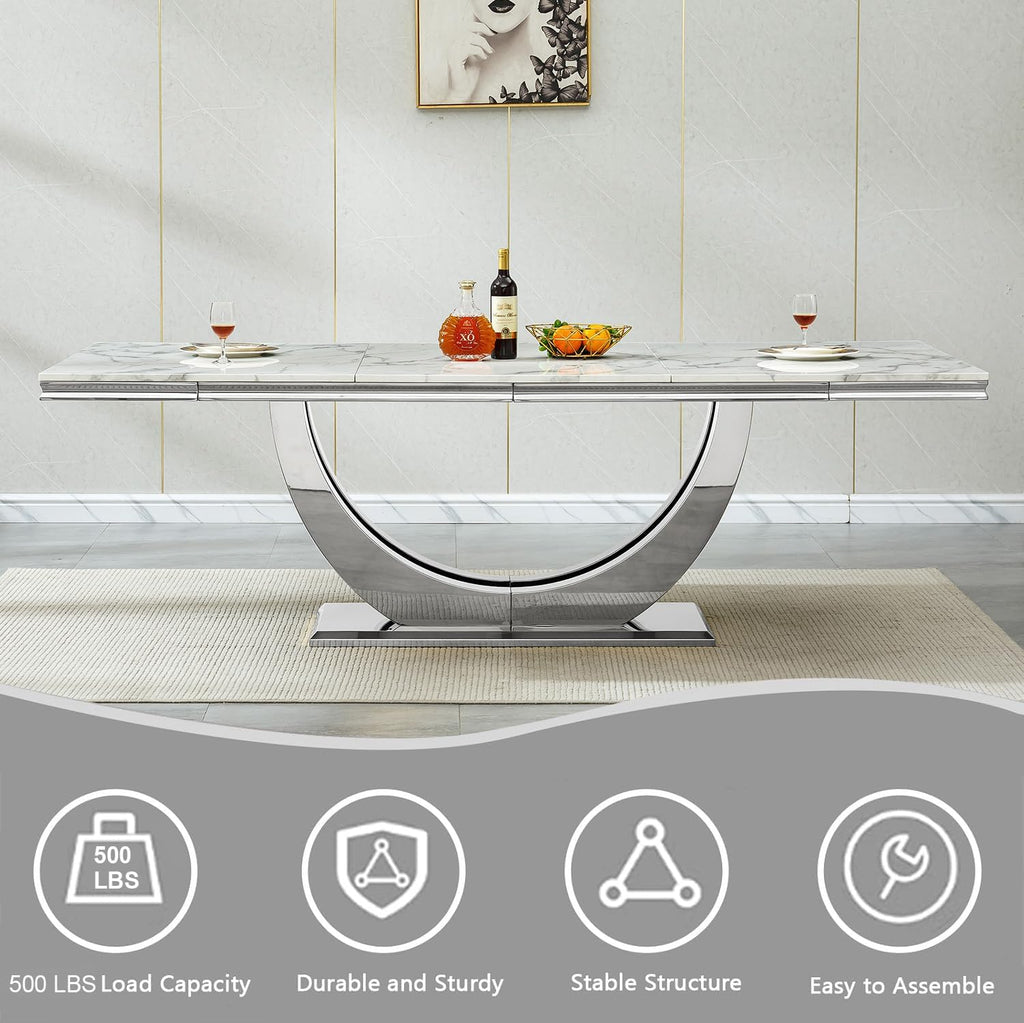 94.5" Large Dining Table for 10-12 People, Modern White Rectangle Kitchen Dinner Table w/Faux Marble Top&Silver Steel U-Base, Extral Long Dining Room Tables for Kitchen Living Room