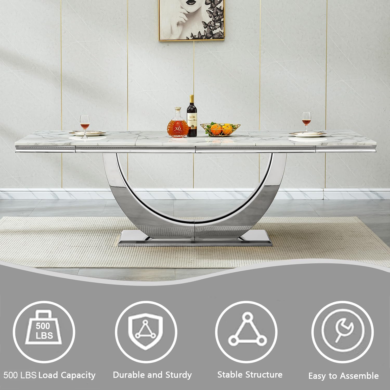 94.5" Large Dining Table for 10-12 People, Modern White Rectangle Kitchen Dinner Table w/Faux Marble Top&Silver Steel U-Base, Extral Long Dining Room Tables for Kitchen Living Room