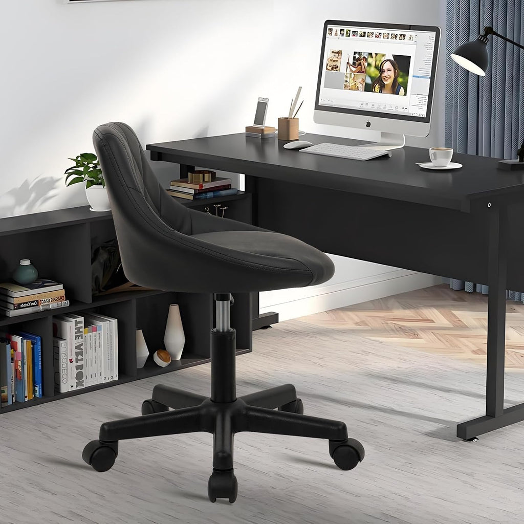 KLASIKA Black Low Back Rolling Stool PU Leather Vanity Stools, Adjustable Height Ergonomic Swivel Rolling Desk Stool Work Office Swivel Chair, Makeup Salon Spa Stools