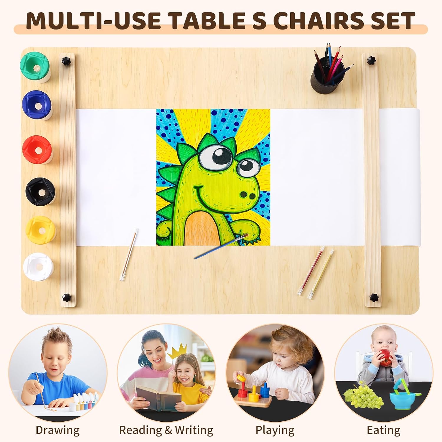 Garvee 4 in 1 Kids Art Table and Chair Set, Toddler Craft Table with Large Storage Drawers & Portable Art Organizer, Wooden Drawing Desk for Children, Activity Desk, Home Study Table & Toy Station