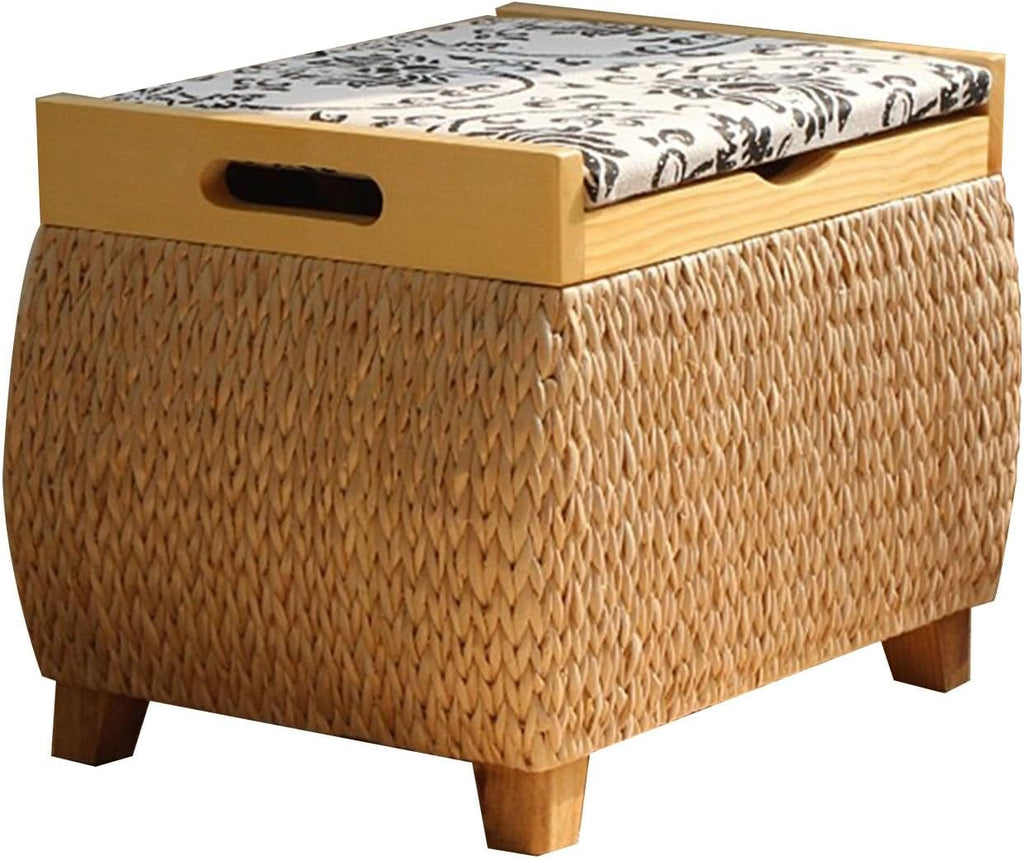 Ottoman with Storage Rattan Woven ，Bench with Padded Seat End of The Bed Entry Bench Footrest Stool for Hallway Living Room(Primary Color,40cm/15.7in)