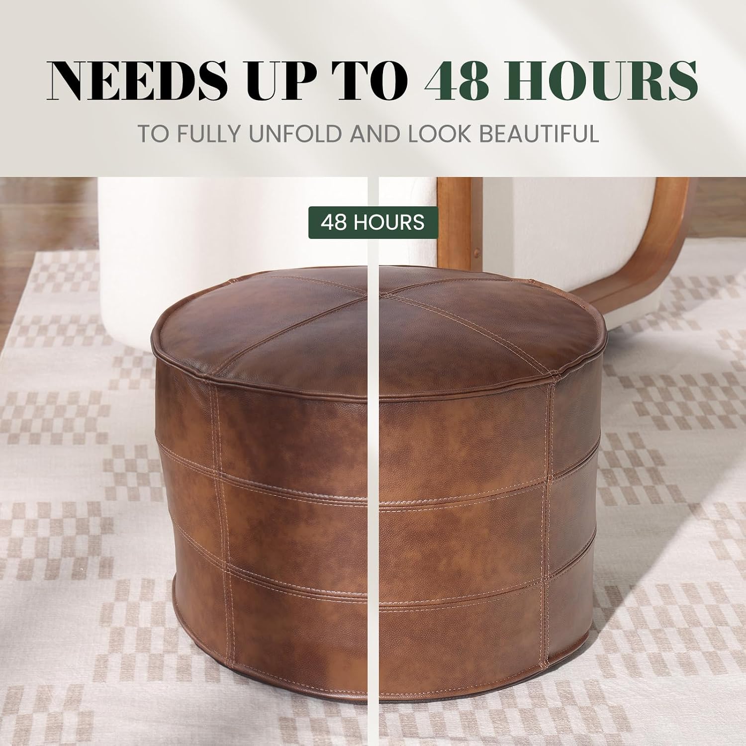 Genuine Leather Round Pouf Ottoman Footstool for Living Room, Bedroom, Indoor (Brown)