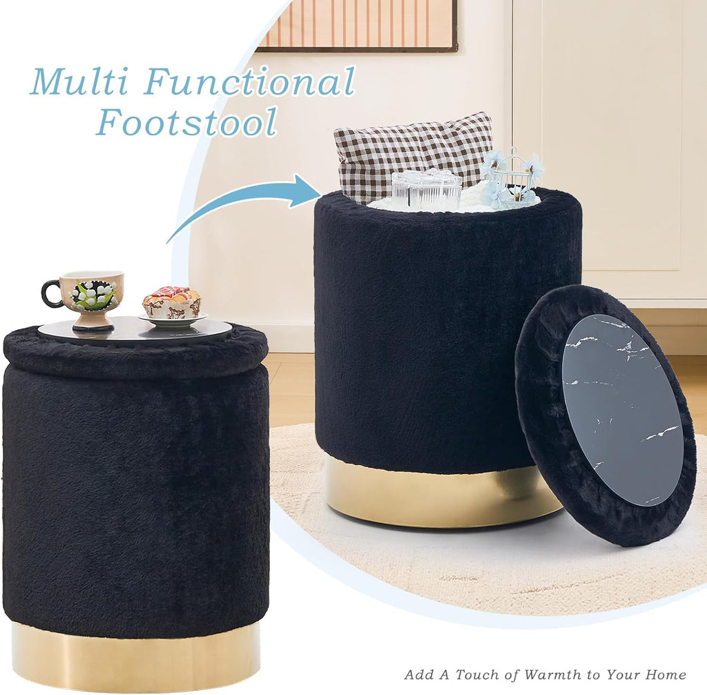 Storage Ottoman,Metal Base Vanity Stool Chair,Modern Round Footstool with Soft Padded Seat,Multipurpose Sofa Table or Plant Stand for Hallway,Living Room and Lounge (Black-Short Plush)