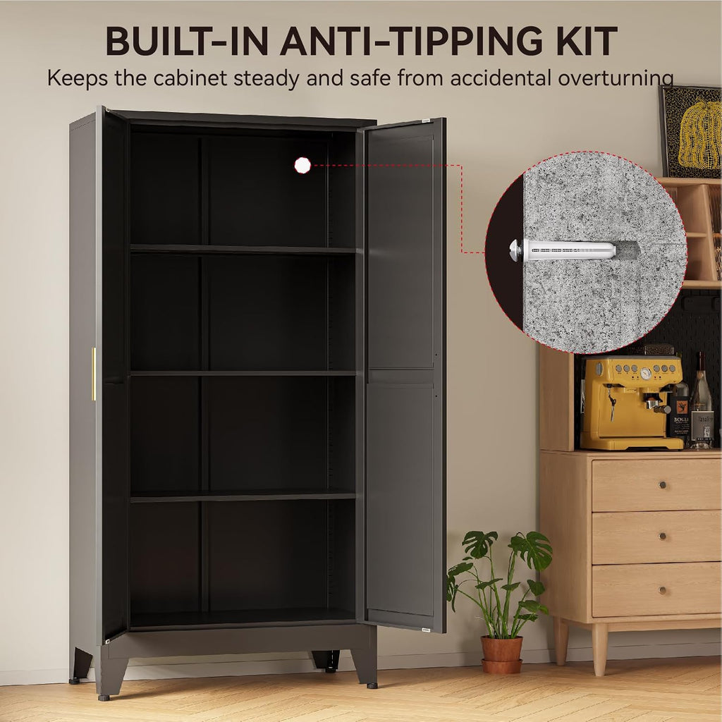 COFaR 61" Metal Pantry Cabinet in Black, Modern Storage Cabinet with Adjustable Shelves, Sturdy Metal Cupboard for Kitchen, Office, Living Room & Bathroom Organization