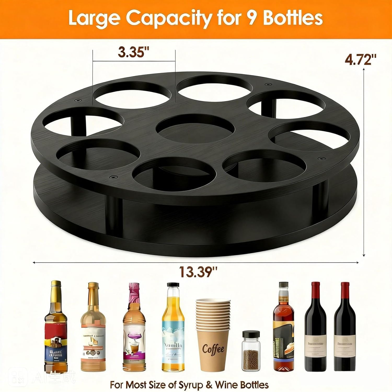 Rotating Coffee Syrup Organizer, 9 Bottles Coffee Syrup Rack, Wood Coffee Syrup Bottle Holder Stand for Coffee Bar Station Kitchen, Large Wine Rack, Coffee Syrup Holder Black
