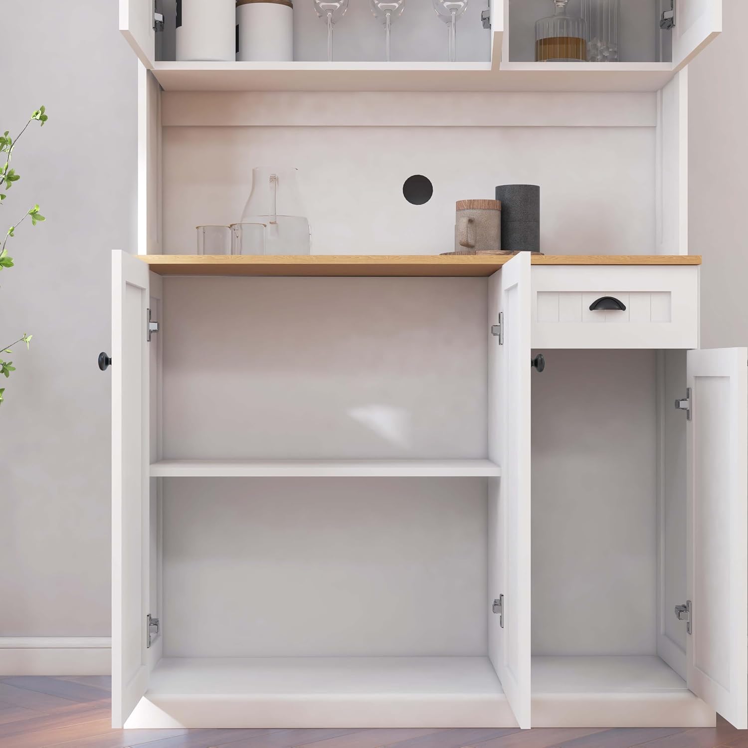 71" Freestanding Pantry Cabinet with Doors, Kitchen Pantry Cabinets with Microwave Shelf & Countertop, Kitchen Hutch Storage Cabinet with Drawers for Diningroom, Easy Assembly (White + MDF)