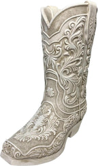 Cowgirl Boot Flower Vase – 9” Tall Antique White Finish with Intricate Tooled Leather Detailing - Decorative Western Cowboy Modern Rustic Decor