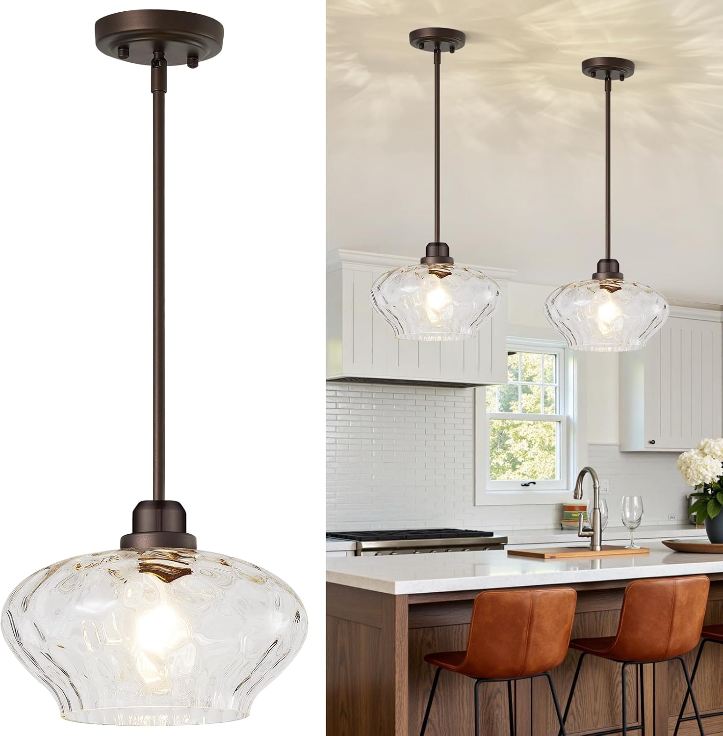 Pendant Lights Kitchen Island, Oil Rubbed Bronze Pendant Light Fixtures with 11" Clear Hammered Glass Shade, Modern Hanging Pendant Lights Fixture for Kitchen Island Dining Room Hallway Foyer Entryway