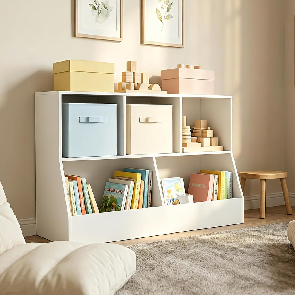 DINZI LVJ Toy Storage Organizer, Kids Bookshelf, Wood Toy Storage Cabinet, 5 Cubby Children Bookcase, 43.3" L Toddler Book Shelf for Playroom, Living Room, Nursery, Hallway, Classroom, White