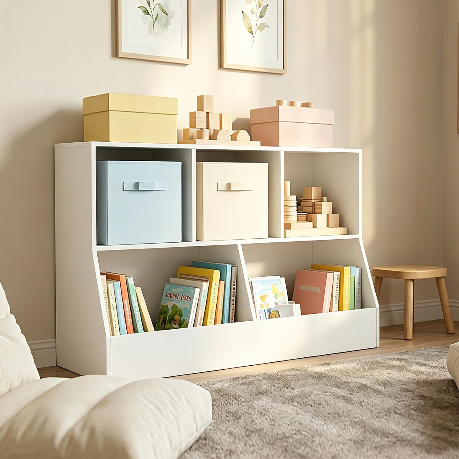DINZI LVJ Toy Storage Organizer, Kids Bookshelf, Wood Toy Storage Cabinet, 5 Cubby Children Bookcase, 43.3" L Toddler Book Shelf for Playroom, Living Room, Nursery, Hallway, Classroom, White