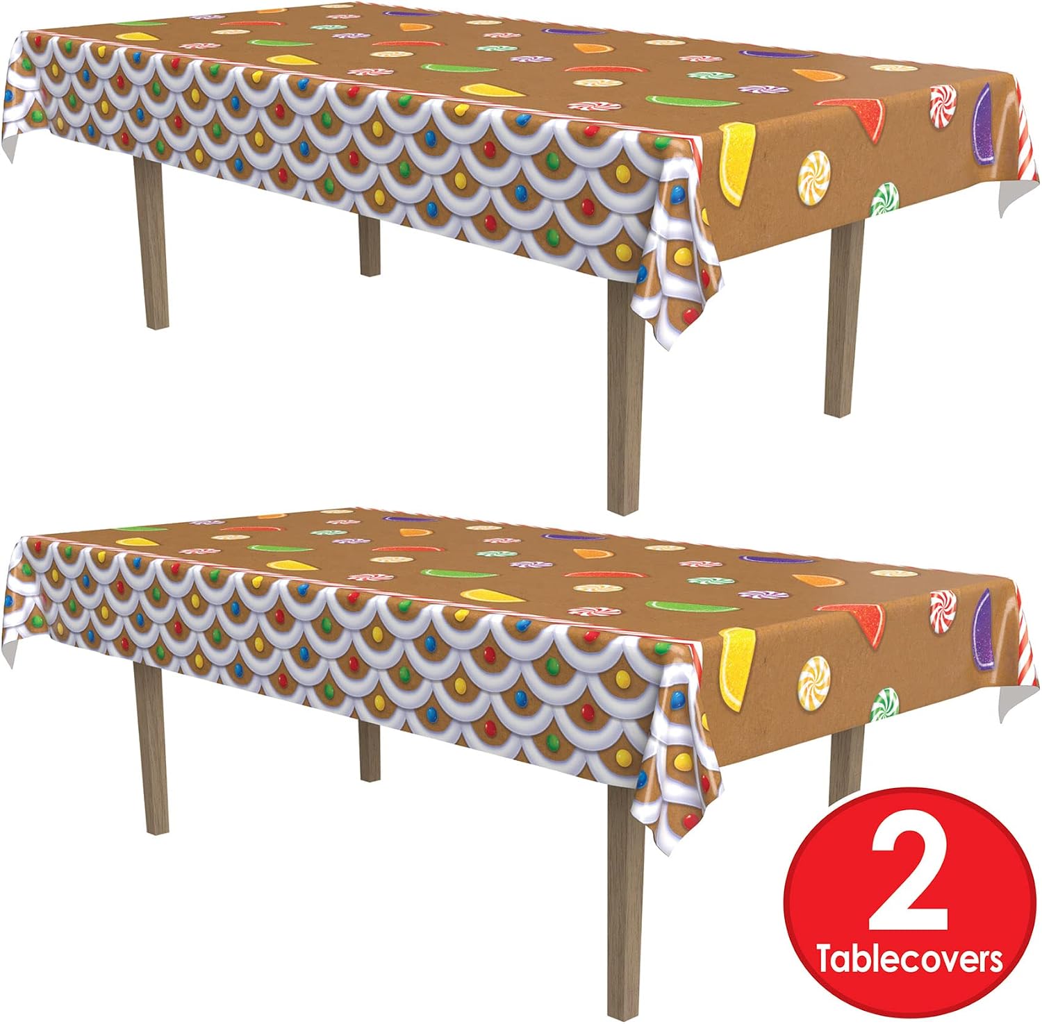 Beistle Gingerbread House Tablecovers, 54” x 108”, 2 Pieces – Plastic Table Cloth, Rectangular Tablecloth, Table Covers for Party, Gingerbread Party Supplies, Christmas Decorations