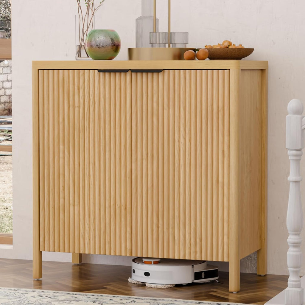 HOMMPA 31.5'' Sideboard Buffet Cabinet with Storage Fluted Sideboard Buffet with Adjustable Shelves Coffee Bar Console Table Cabinet for Hallway Entryway Living Room or Kitchen Natural