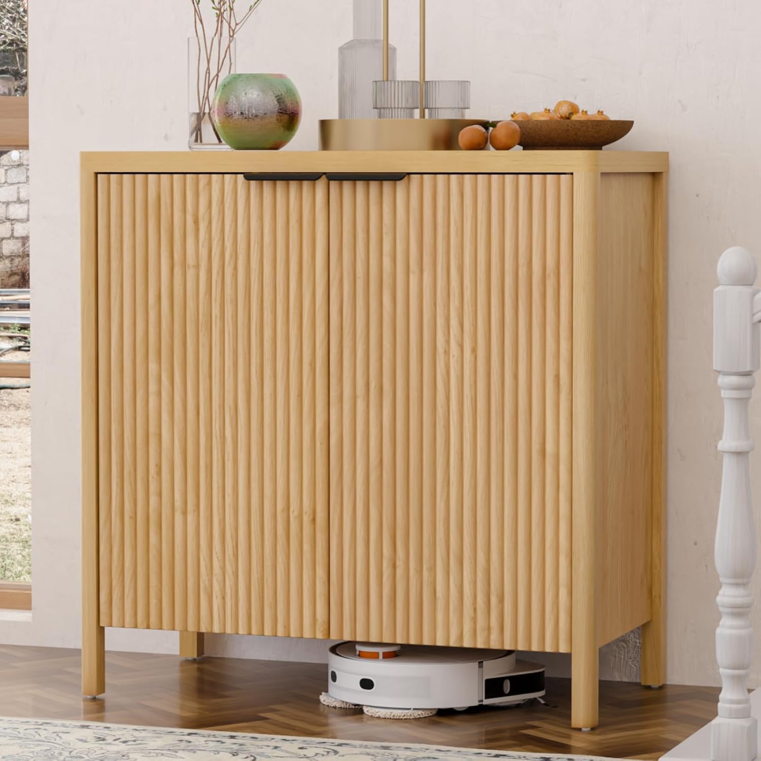 HOMMPA 31.5'' Sideboard Buffet Cabinet with Storage Fluted Sideboard Buffet with Adjustable Shelves Coffee Bar Console Table Cabinet for Hallway Entryway Living Room or Kitchen Natural