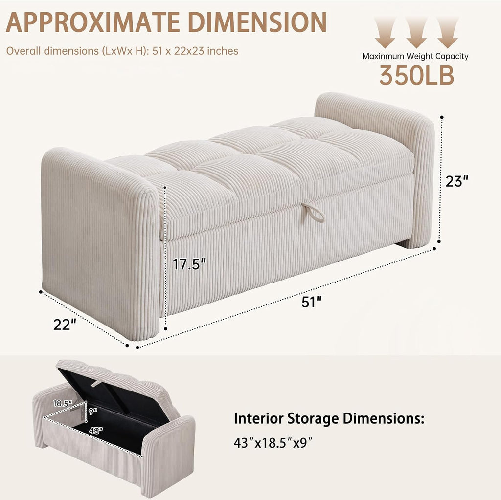 Storage Bench for Bedroom End of Bed, Upholstered Storage Ottoman Bench with Pillows for Foot of Bed, Bedroom,Living Room, Entryway, Corduroy White