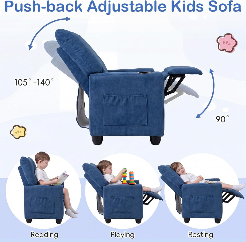 Costzon Kids Recliner Chair with Cup Holder, Toddler Adjustable Lounge Chair w/Footrest for Boys Girls Room, Ergonomic Baby Child Furniture Sofa for Age 3+ Gifts, Kids Mini Recliner up to 150 lbs
