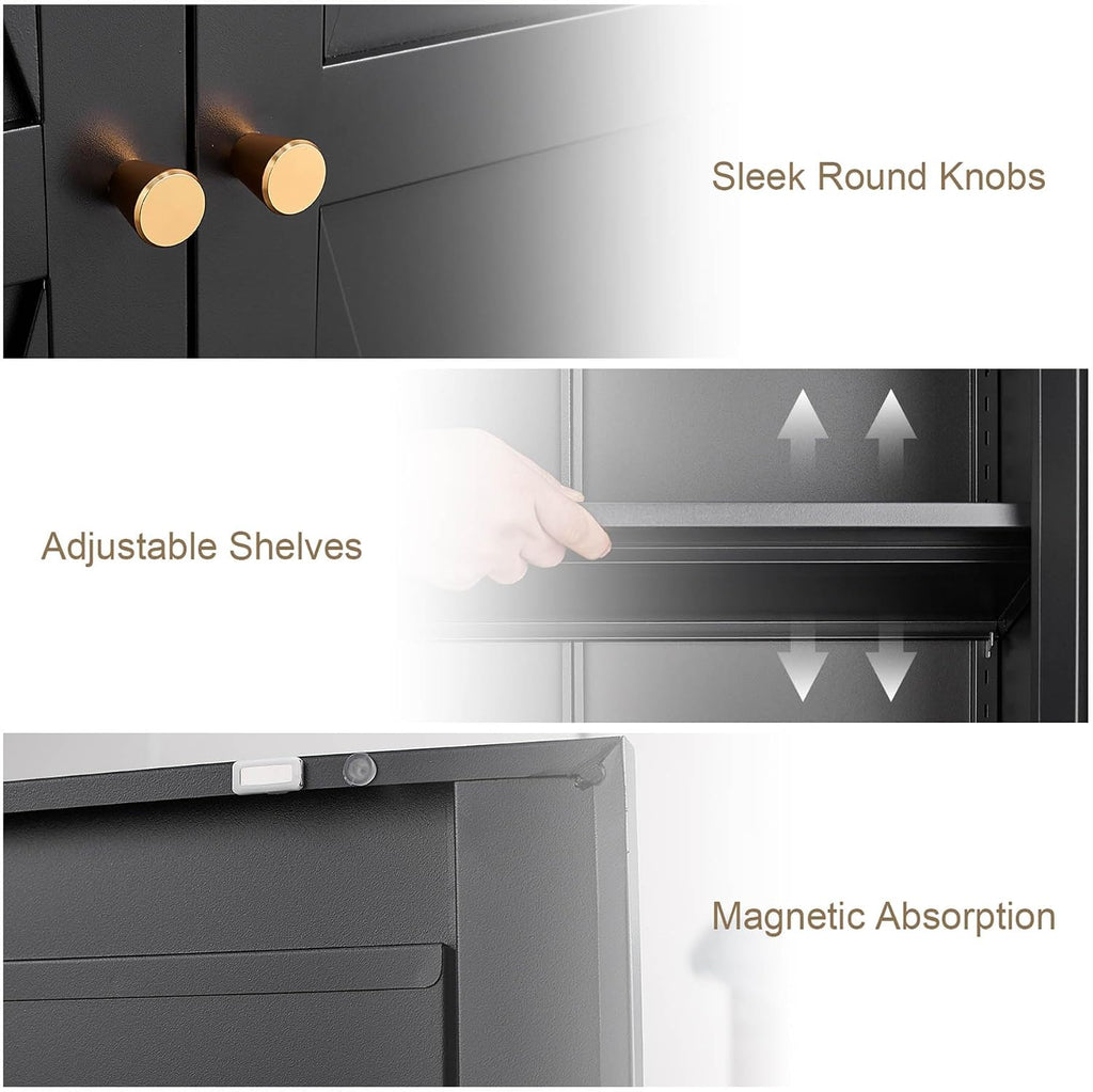 Metal Storage Cabinet with Doors and Shelves, Tall Kitchen Pantry Cabinet, Modern Freestanding Food Storage Cabinet with Gold Handles for Living Room, Dining Room, Office, (Black, 71")