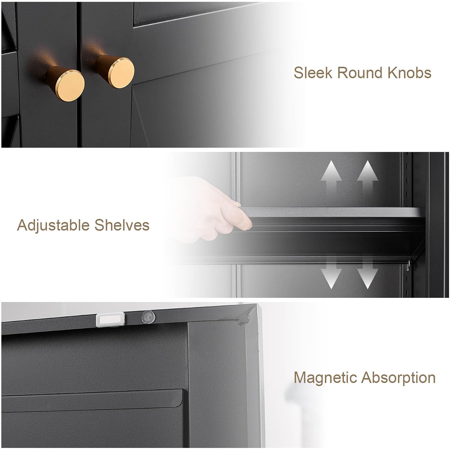 Metal Storage Cabinet with Doors and Shelves, Tall Kitchen Pantry Cabinet, Modern Freestanding Food Storage Cabinet with Gold Handles for Living Room, Dining Room, Office, (Black, 71")