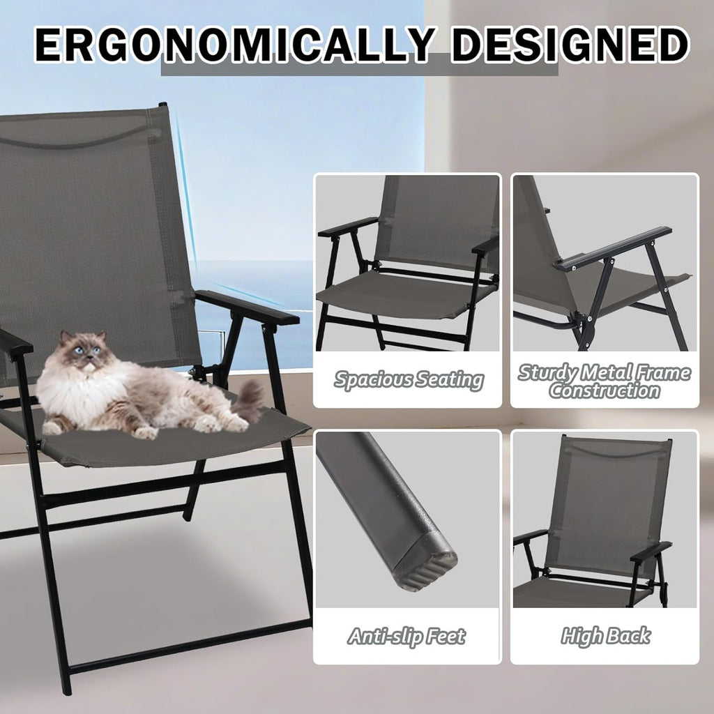 YLGJ&TIDY Folding Patio Chairs Set of 2 Stackable Outdoor Chairs with Armrests Backrest Portable Folding Chair for Patio Garden Camping Fishing Yard Lawn，No Assembly (Gray, 2 Pcs)