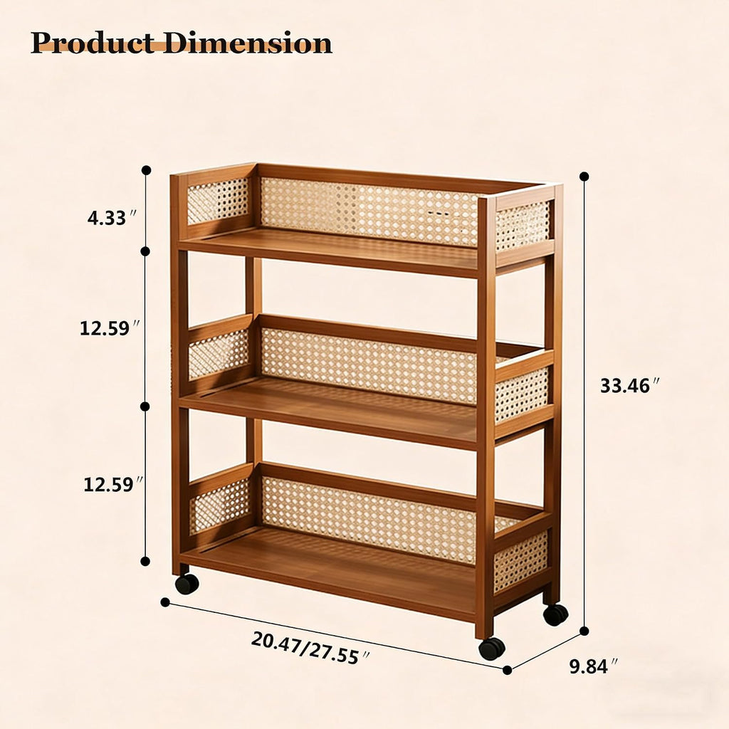 Rattan Side Table with Universal Wheels,Vintage Style Movable Coffee Table, Small Sofa End Table,for Living Room Kitchen Bar Bedroom Office Bathroom