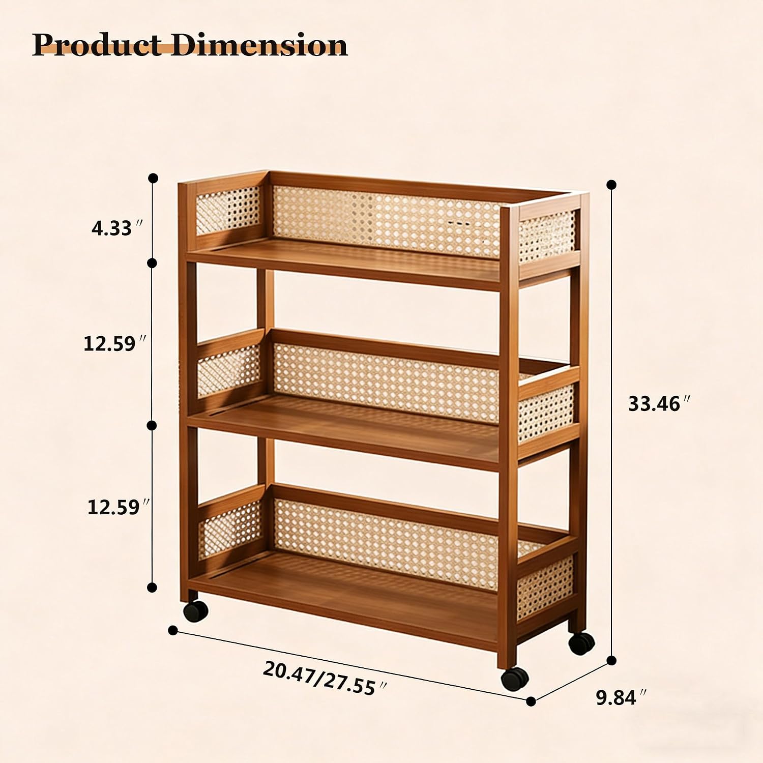 Rattan Side Table with Universal Wheels,Vintage Style Movable Coffee Table, Small Sofa End Table,for Living Room Kitchen Bar Bedroom Office Bathroom