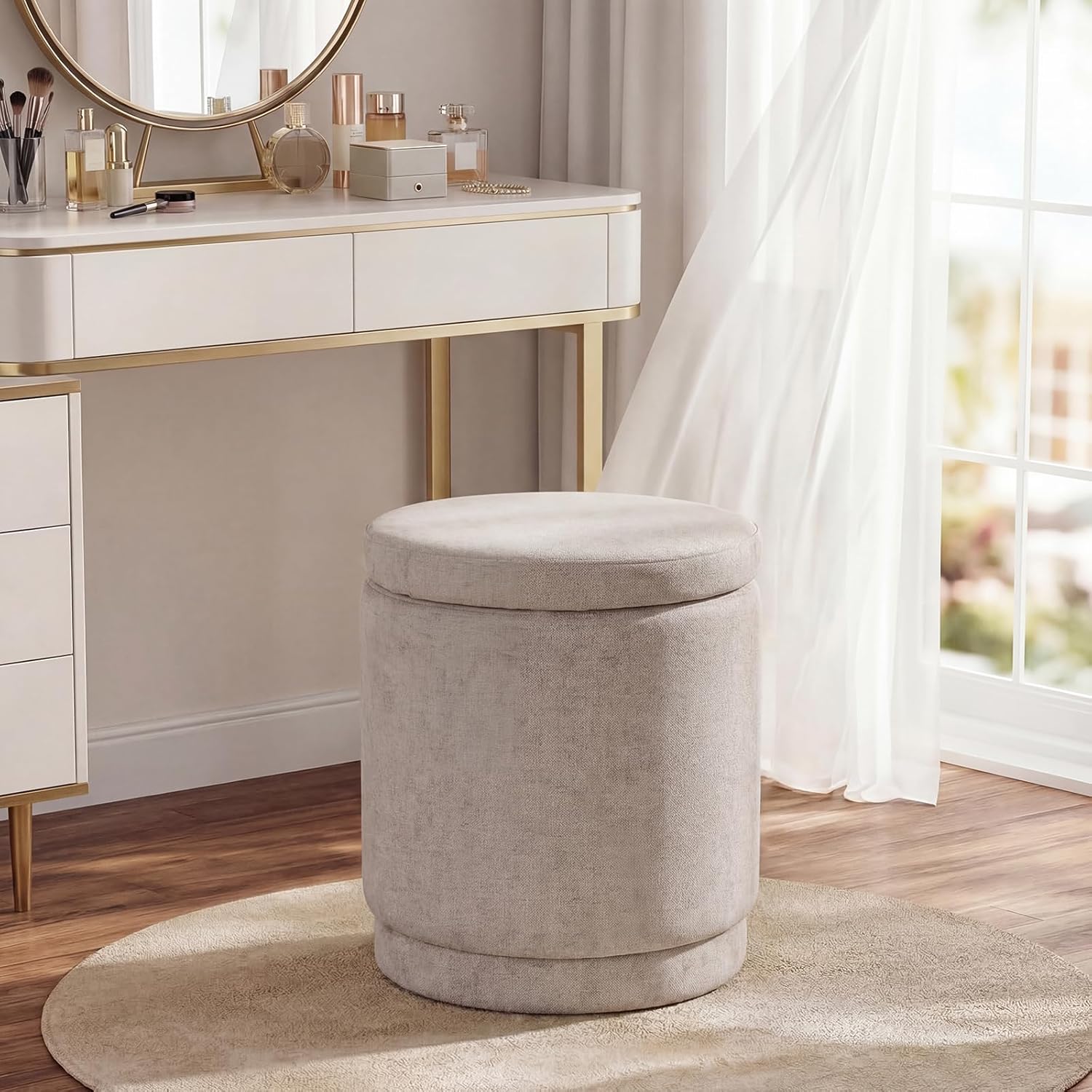 Giantex Round Ottoman with Storage, Chenille Fabric Vanity Stool with Removable Lid, Acacia Wood Frame, Ottoman Foot Rest for Living Room, Bedroom, Makeup Room No Assembly (Beige)