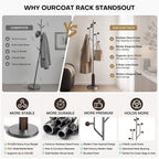 Coat Rack Freestanding with Stainless Steel Marble Base, 8 Wood Ball-shaped Hooks, Heavy-Duty Standing Rack Clother Hanger Rack Metal Coat Tree for Bedroom Entryway, Hat, Bags, Long Dresses