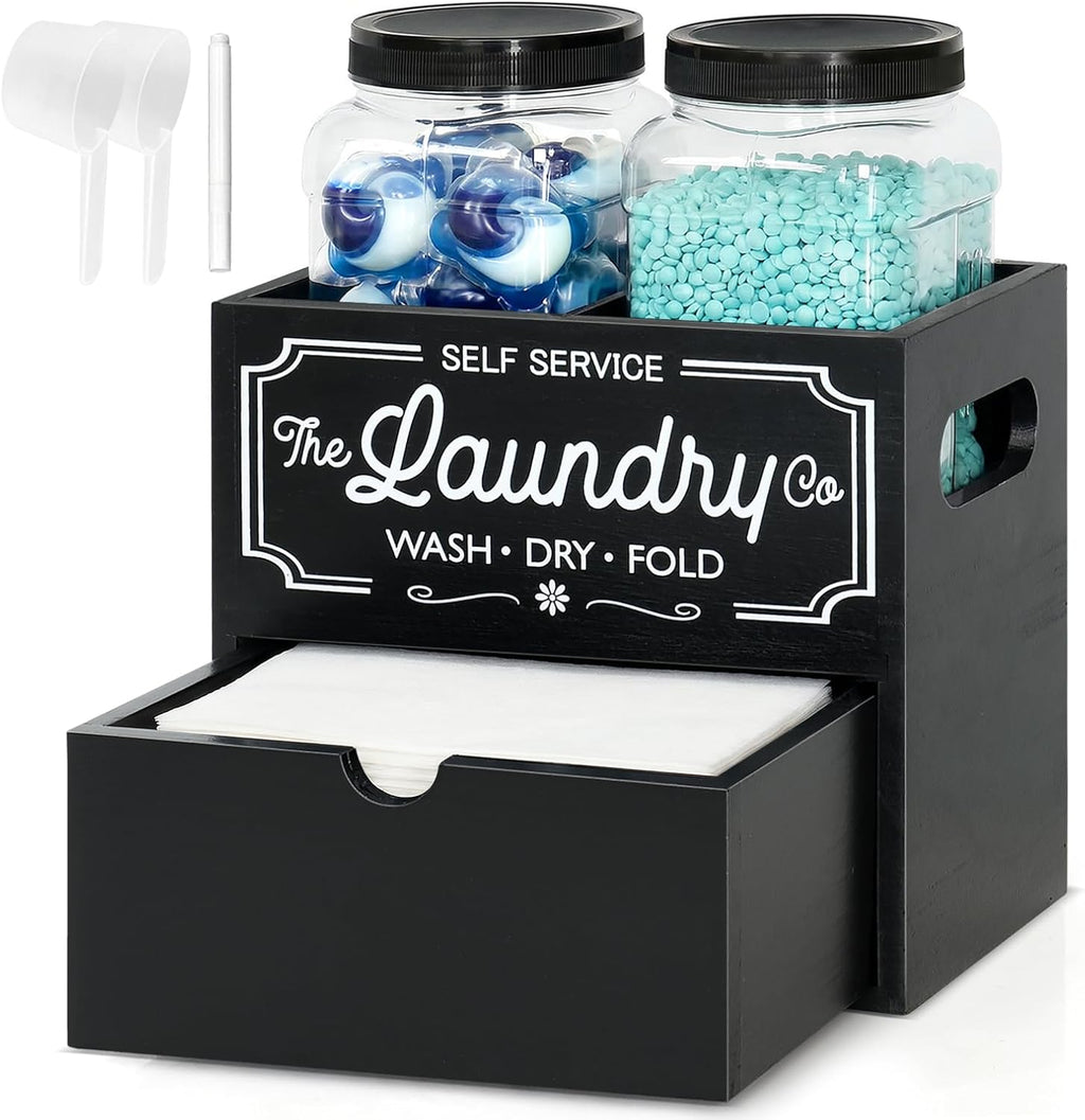 Laundry Pods Container and Dryer Sheet Holder for Laundry Room Organization&Decor, Detergent Powder Container Include 2 Plastic Jars with Lids for Powder, Pods, Scent Booster Beads