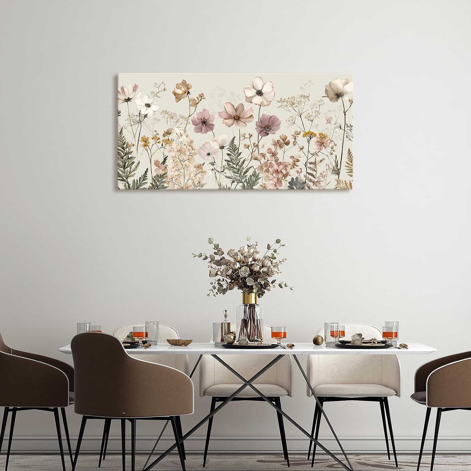 BewDalky Vintage Wildflower Canvas Wall Art Rustic Farmhouse Botanical Floral Landscape Painting Beige Pink Watercolor Meadow Flower Artwork Prints for Bedroom Living Room Aesthetic Home Decor 12"x24"