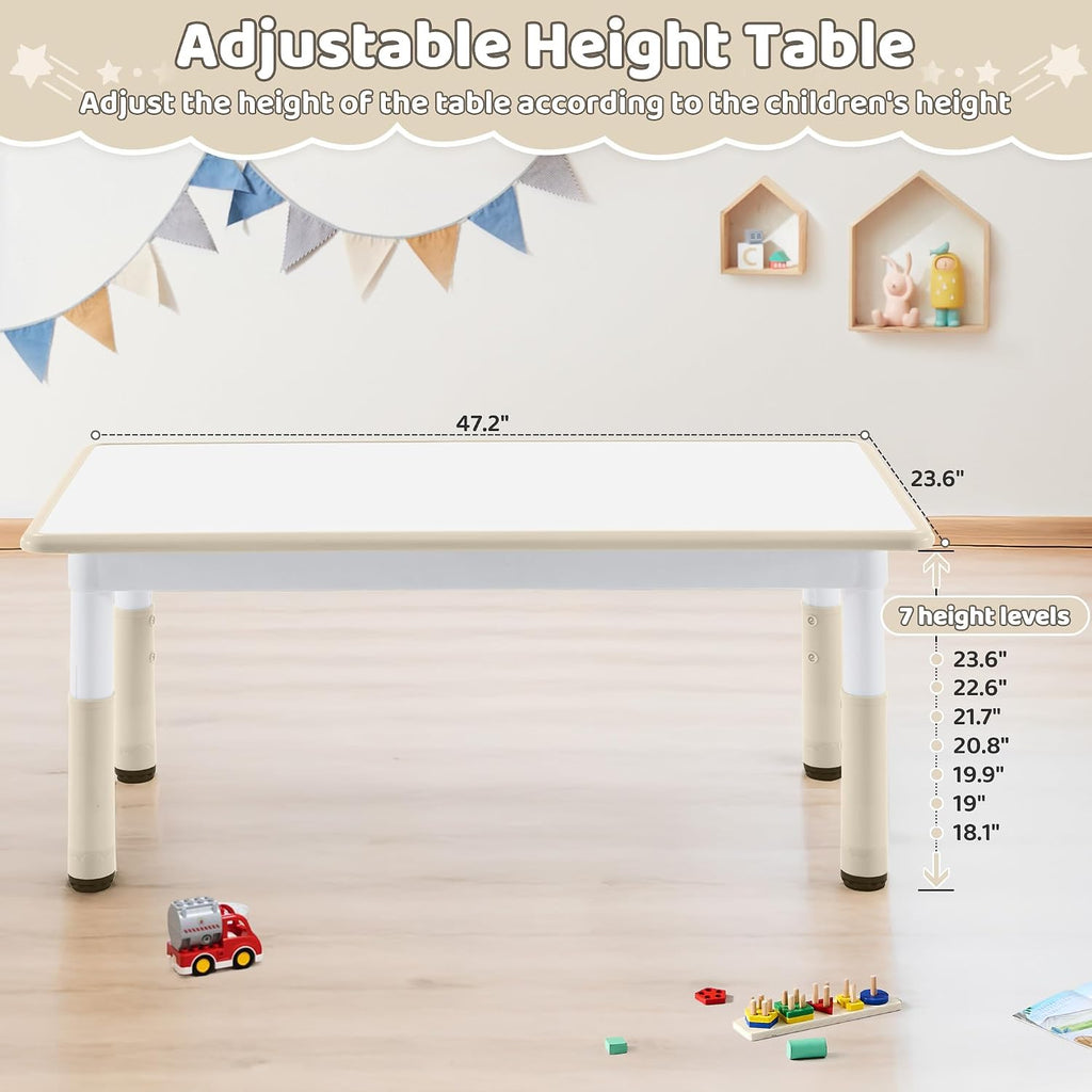 DOREROOM Toddler Table, 7 Level Height Adjustable Kids Play Furniture for Ages 3-8, Rectangular Plastic, 23.6" W x47.2 L, Multi-Activity Desk with Graffiti Desktop for Home & Daycare