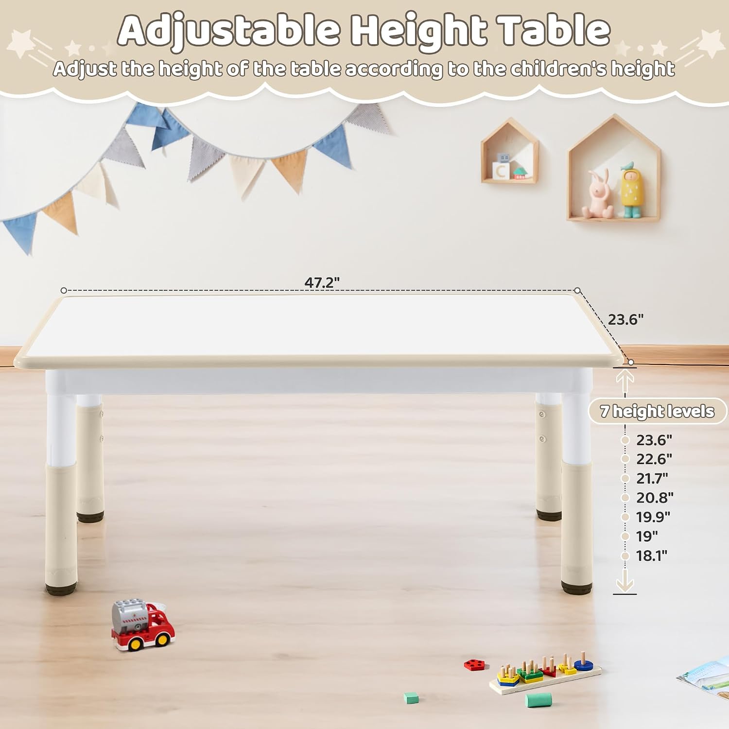 DOREROOM Toddler Table, 7 Level Height Adjustable Kids Play Furniture for Ages 3-8, Rectangular Plastic, 23.6" W x47.2 L, Multi-Activity Desk with Graffiti Desktop for Home & Daycare
