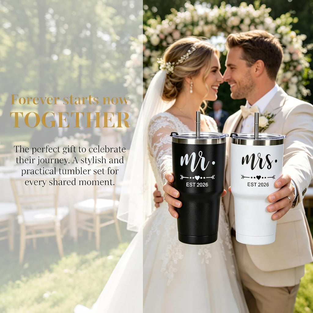 DHQH Mr and Mrs Gifts 2026 Tumbler Set, Engagement Wedding Gifts for Couples Wife Husband Bride To Be 30oz Travel Tumbler (Black & White)